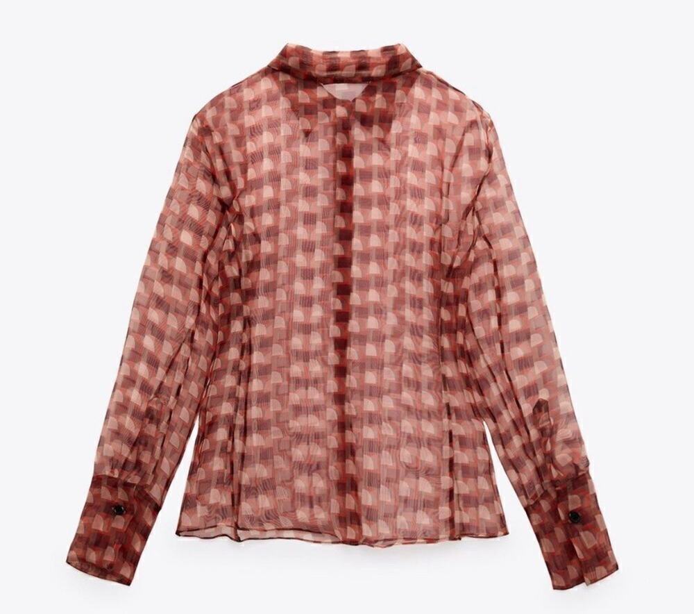 Zara Women’s Sheer Geometric Chiffon Button-Up Collared Blouse Long Sleeve S